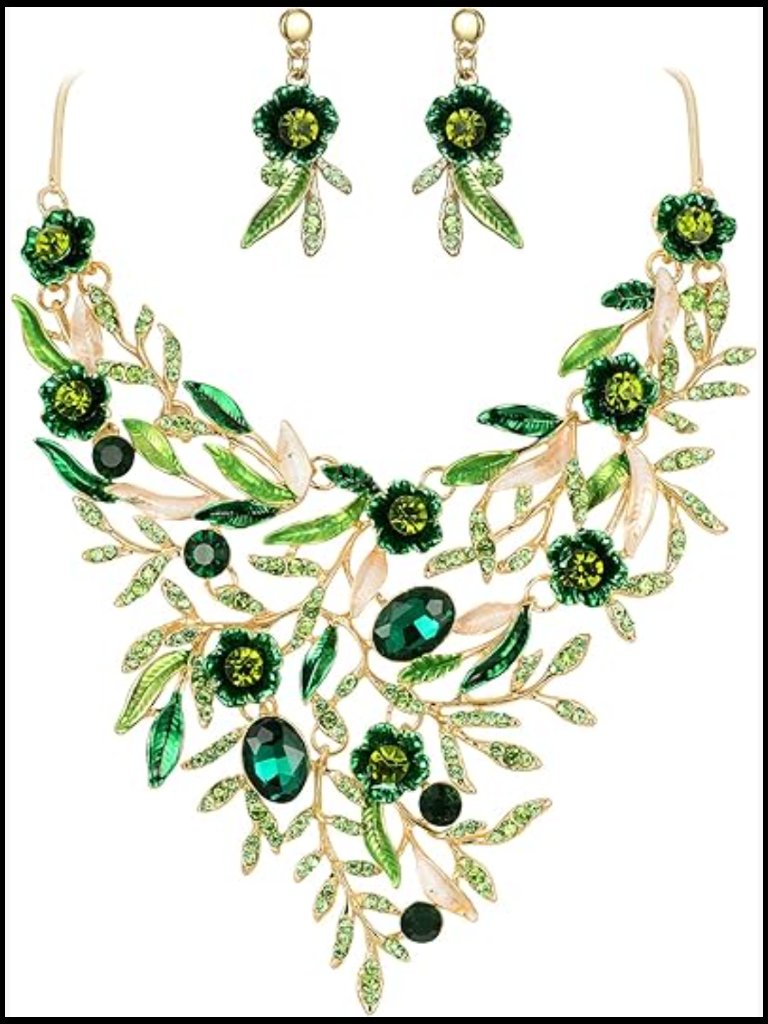 Wedding Bridal Leaf Cluster Jewelry Set Crystal Flower Enamel Statement